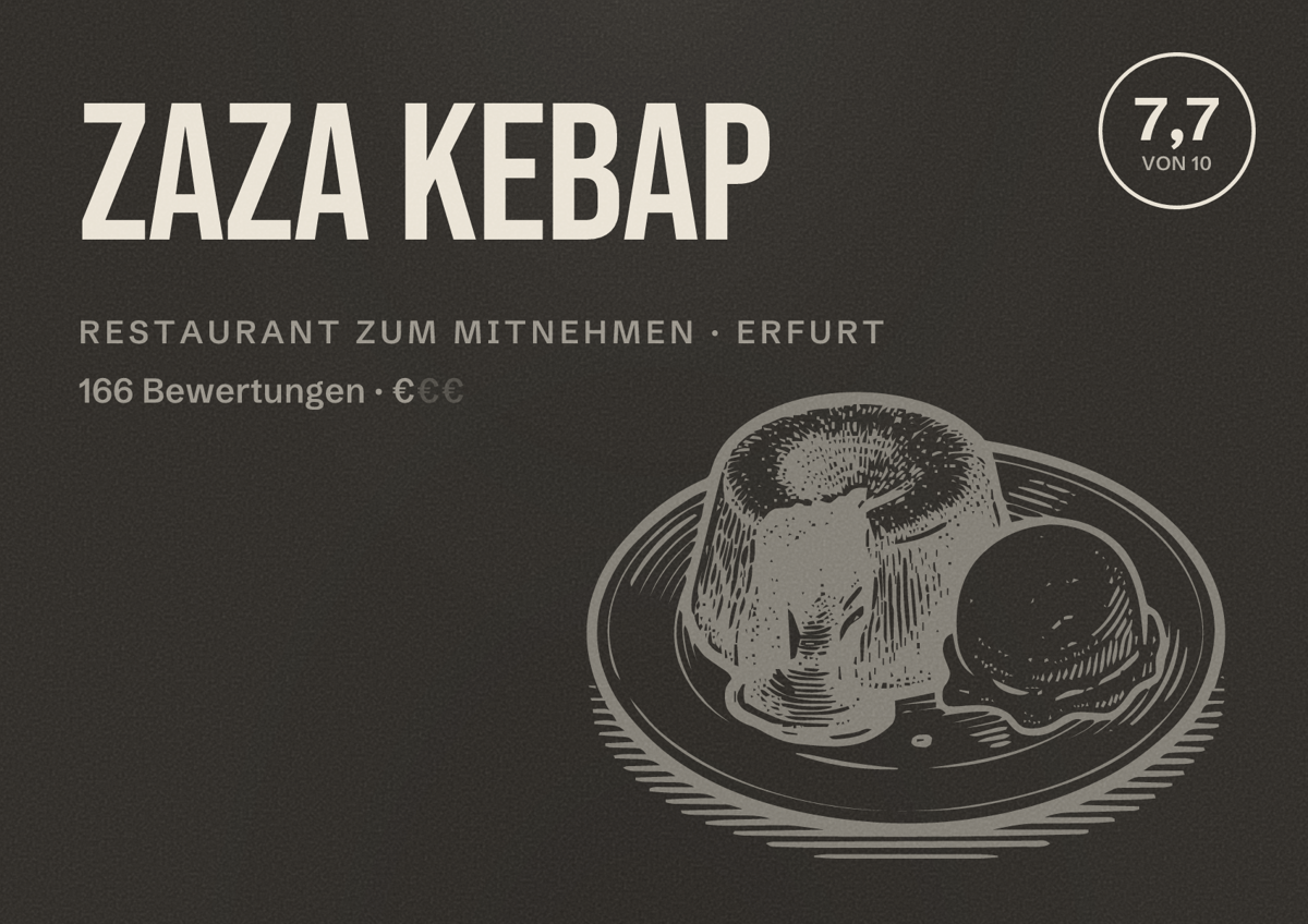 Illustriertes Poster von Zaza Kebap, Restaurant zum Mitnehmen in Erfurt: Bewertung 7,7 von 10 aus 166 Bewertungen, Preisniveau €