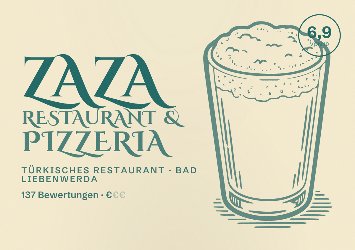 Illustriertes Poster von ZAZA Restaurant & Pizzeria, Türkisches Restaurant in Bad Liebenwerda: Bewertung 6,9 von 10 aus 137 Bewertungen, Preisniveau €