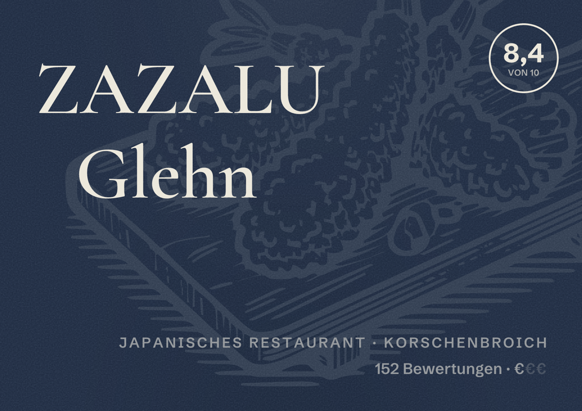 Illustriertes Poster von ZAZALU Glehn, Japanisches Restaurant in Korschenbroich: Bewertung 8,4 von 10 aus 152 Bewertungen, Preisniveau €