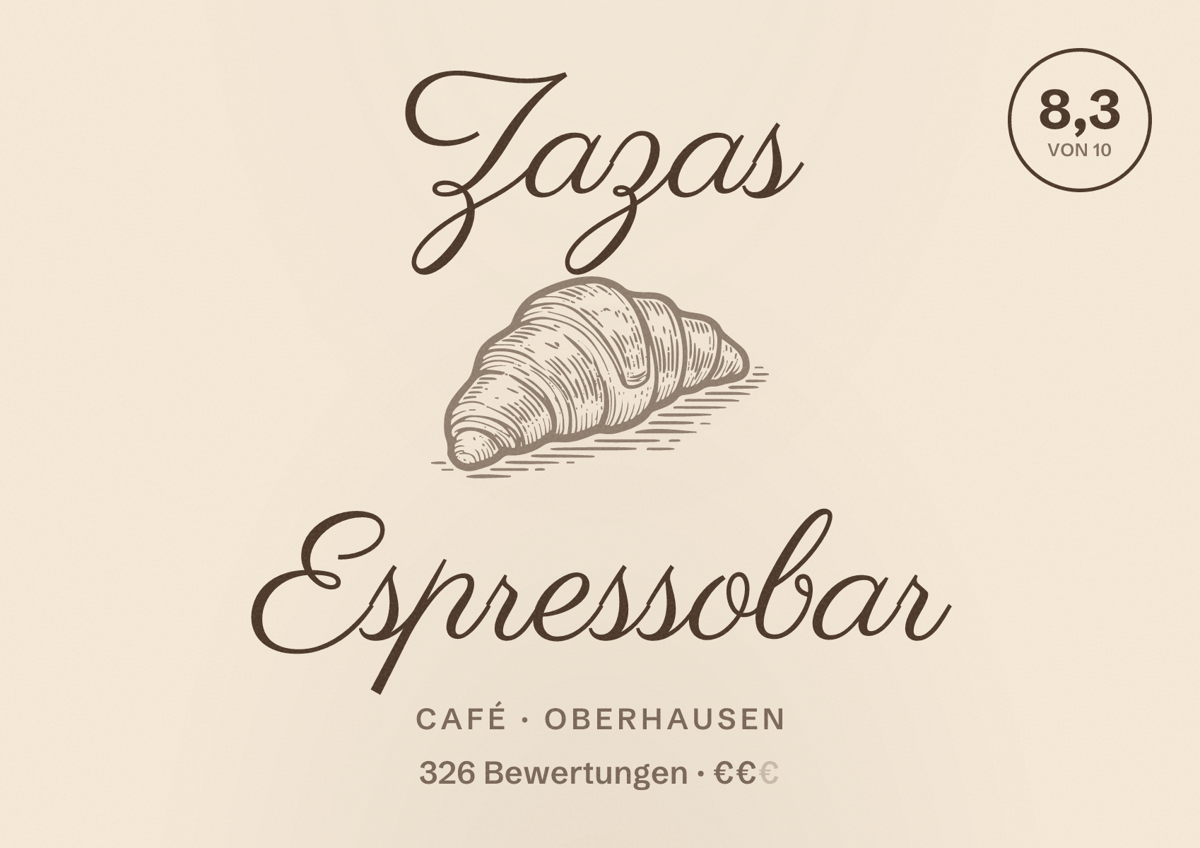 Illustriertes Poster von Zazas Espressobar, Café in Oberhausen: Bewertung 8,3 von 10 aus 326 Bewertungen, Preisniveau €€