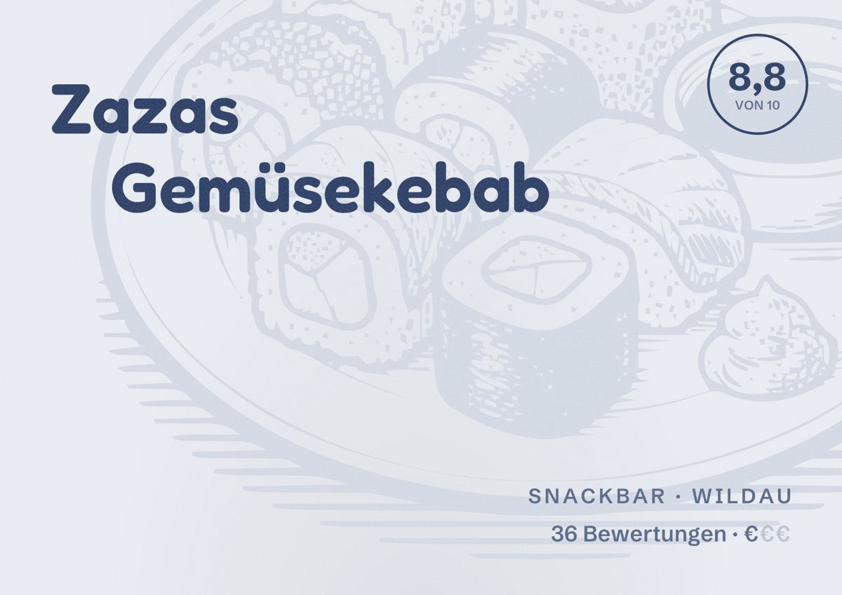 Illustriertes Poster von Zazas Gemüsekebab, Snackbar in Wildau: Bewertung 8,8 von 10 aus 36 Bewertungen, Preisniveau €