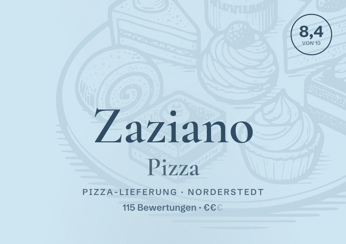 Illustriertes Poster von Zaziano Pizza, Pizza-Lieferung in Norderstedt: Bewertung 8,4 von 10 aus 115 Bewertungen, Preisniveau €€