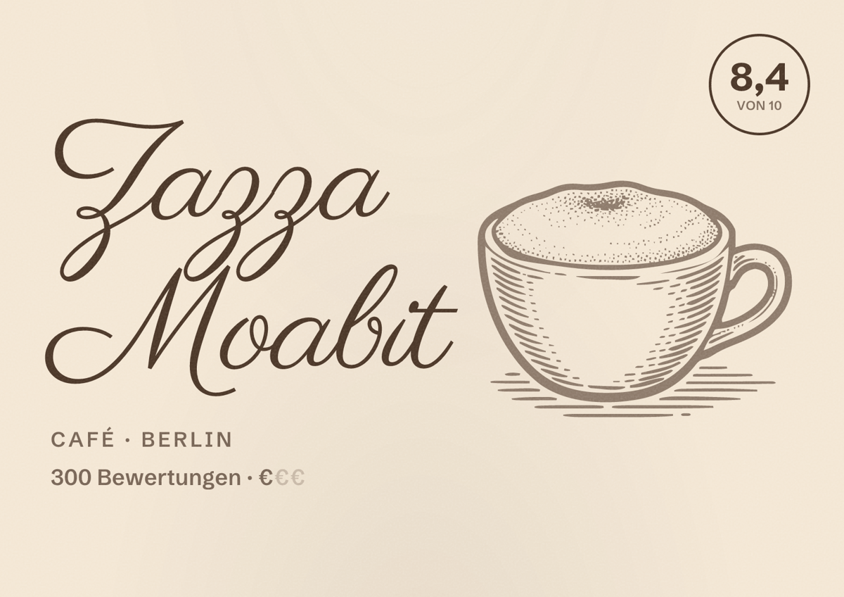 Illustriertes Poster von Zazza Moabit, Café in Berlin: Bewertung 8,4 von 10 aus 300 Bewertungen, Preisniveau €