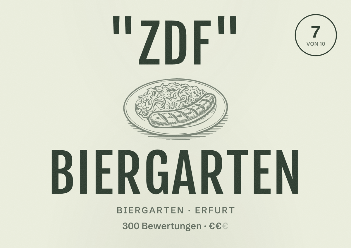 Illustriertes Poster von "ZDF" Biergarten, Biergarten in Erfurt: Bewertung 7,0 von 10 aus 300 Bewertungen, Preisniveau €€