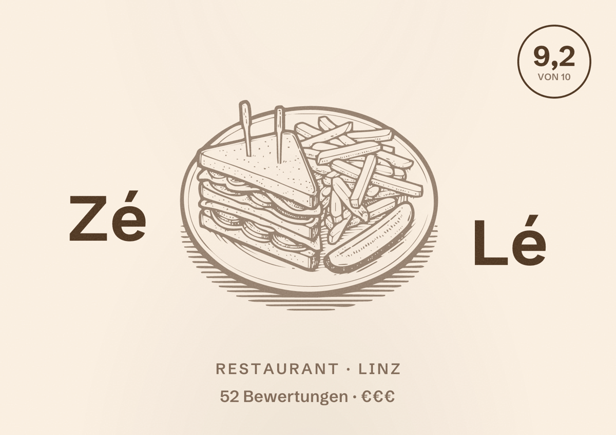 Illustriertes Poster von Zé Lé, Restaurant in Linz: Bewertung 9,2 von 10 aus 52 Bewertungen, Preisniveau €€€