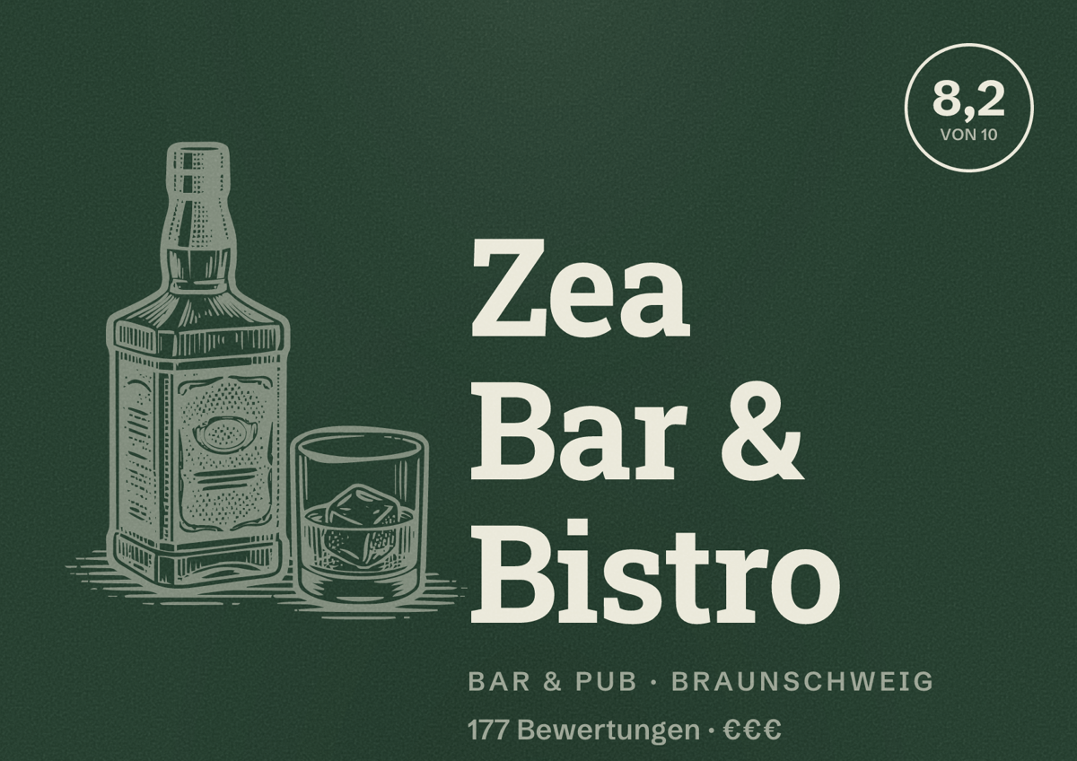 Illustriertes Poster von Zea Bar & Bistro, Bar & Pub in Braunschweig: Bewertung 8,2 von 10 aus 177 Bewertungen, Preisniveau €€€