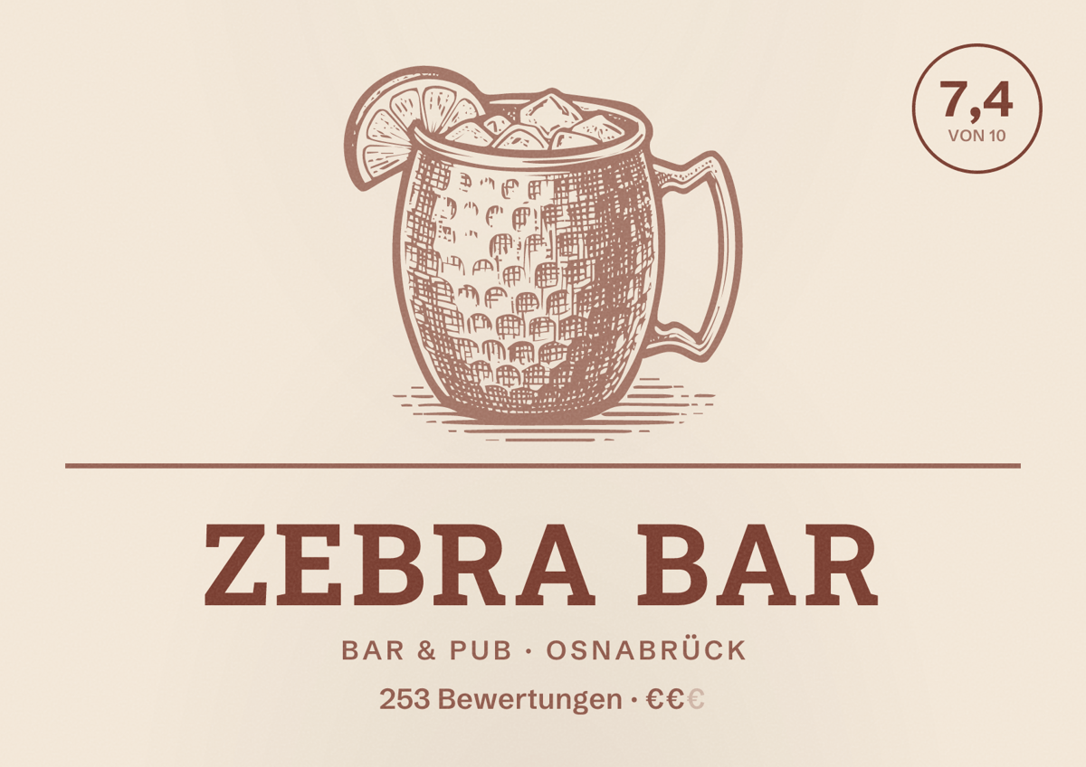 Illustriertes Poster von Zebra Bar, Bar & Pub in Osnabrück: Gästebewertung 7,4 von 10 aus 253 Bewertungen