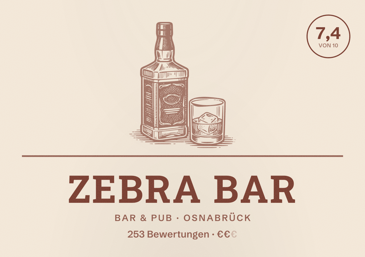 Illustriertes Poster von Zebra Bar, Bar & Pub in Osnabrück: Bewertung 7,4 von 10 aus 253 Bewertungen, Preisniveau €€