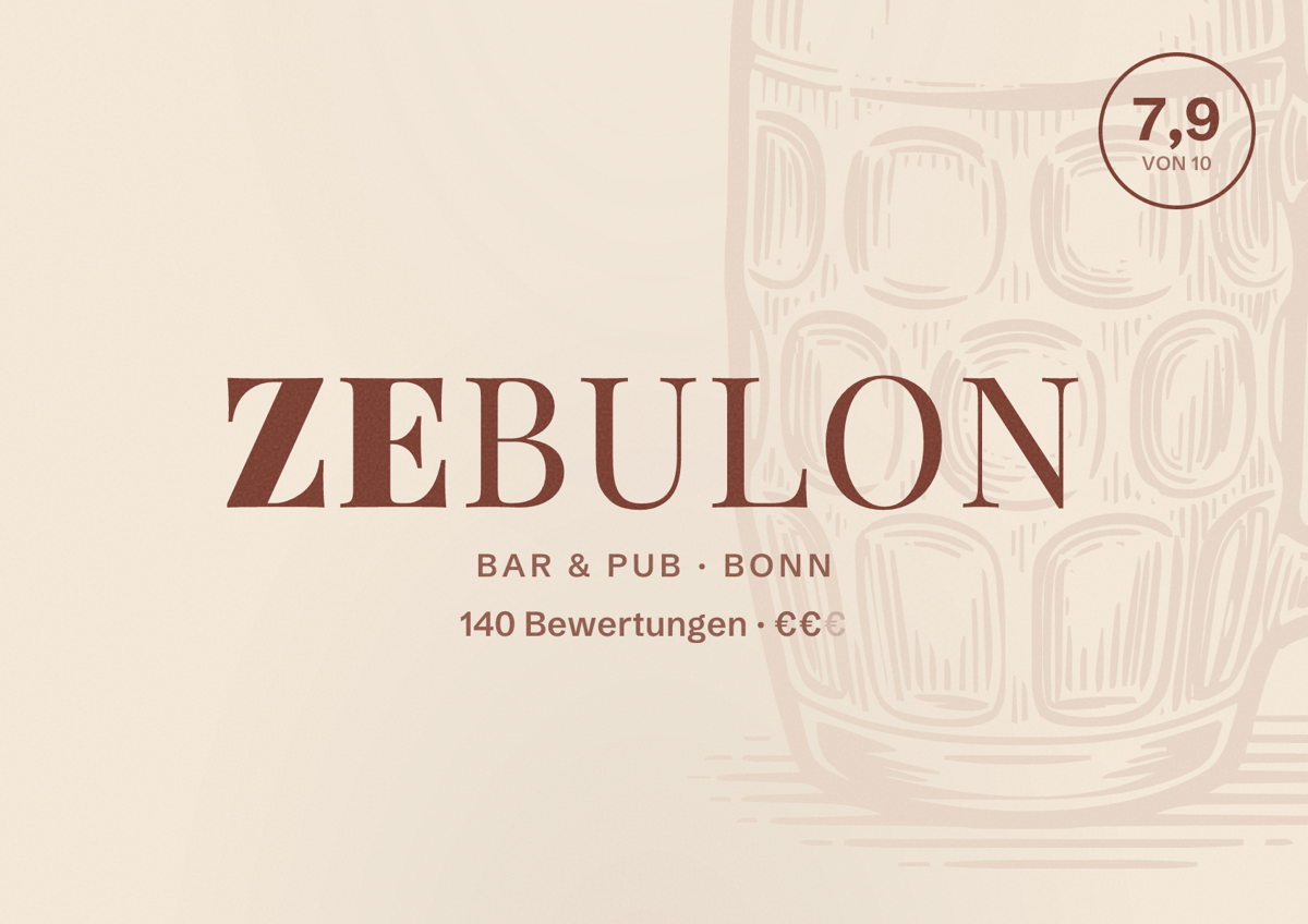 Illustriertes Poster von Zebulon, Bar & Pub in Bonn: Bewertung 7,7 von 10 aus 112 Bewertungen, Preisniveau €