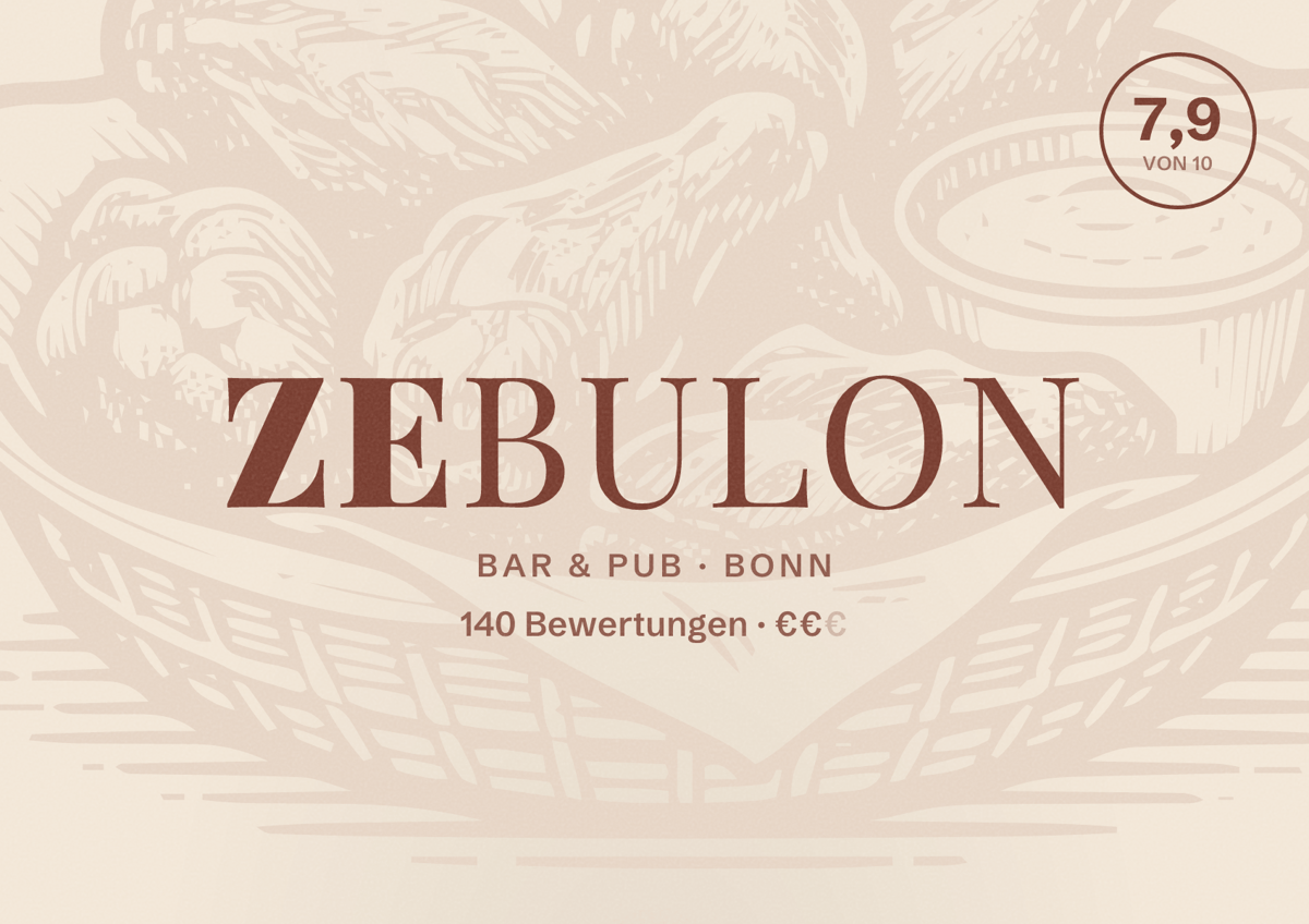 Illustriertes Poster von Zebulon, Bar & Pub in Bonn: Bewertung 7,9 von 10 aus 140 Bewertungen, Preisniveau €€