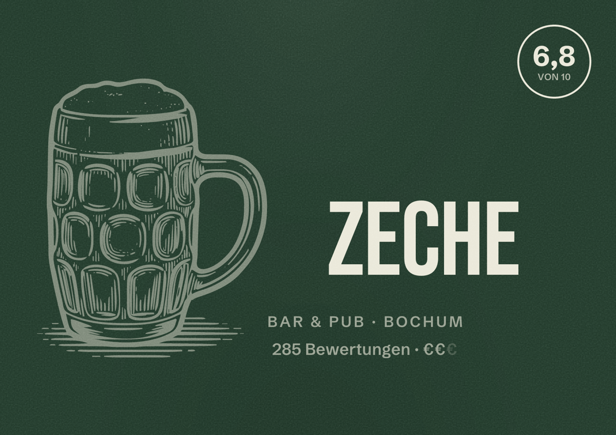 Illustriertes Poster von Zeche, Bar & Pub in Bochum: Bewertung 6,8 von 10 aus 285 Bewertungen, Preisniveau €€