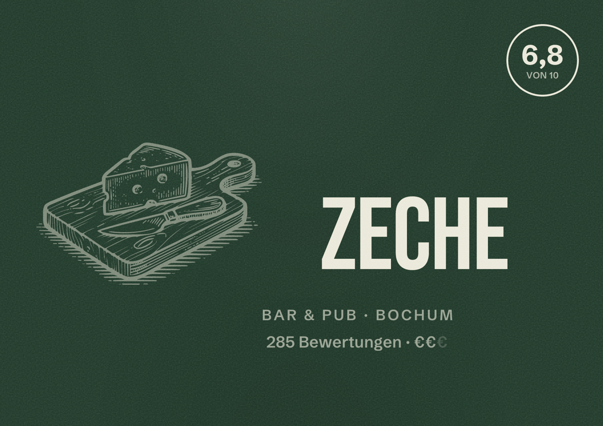 Illustriertes Poster von Zeche, Bar & Pub in Bochum: Bewertung 6,8 von 10 aus 285 Bewertungen, Preisniveau €€