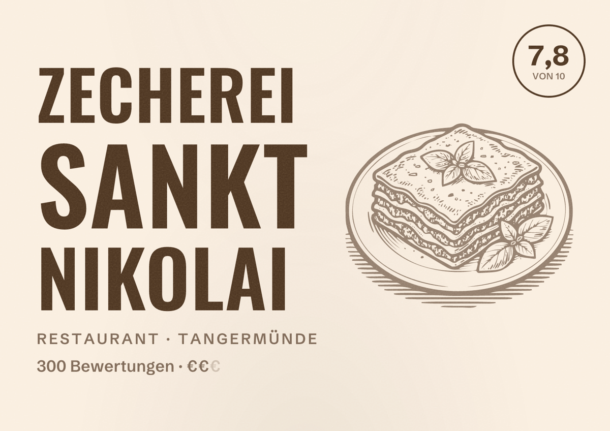 Illustriertes Poster von Zecherei Sankt Nikolai, Restaurant in Tangermünde: Bewertung 7,8 von 10 aus 300 Bewertungen, Preisniveau €€