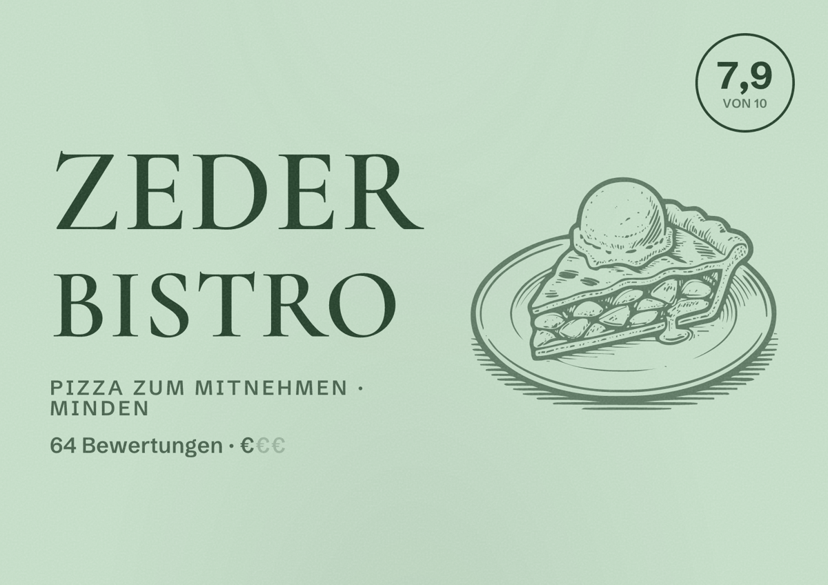 Illustriertes Poster von Zeder Bistro, Pizza zum Mitnehmen in Minden: Bewertung 7,9 von 10 aus 64 Bewertungen, Preisniveau €