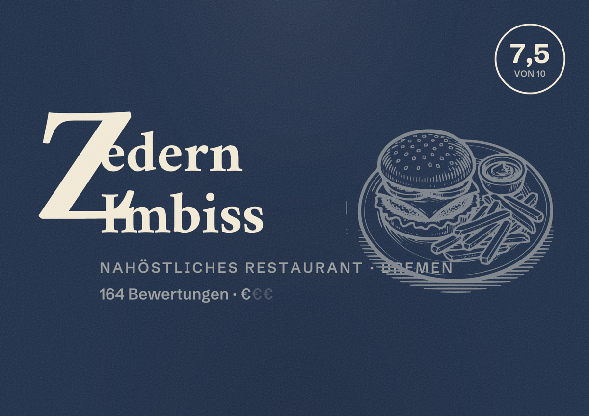 Illustriertes Poster von Zedern Imbiss, Nahöstliches Restaurant in Bremen: Bewertung 7,5 von 10 aus 164 Bewertungen, Preisniveau €