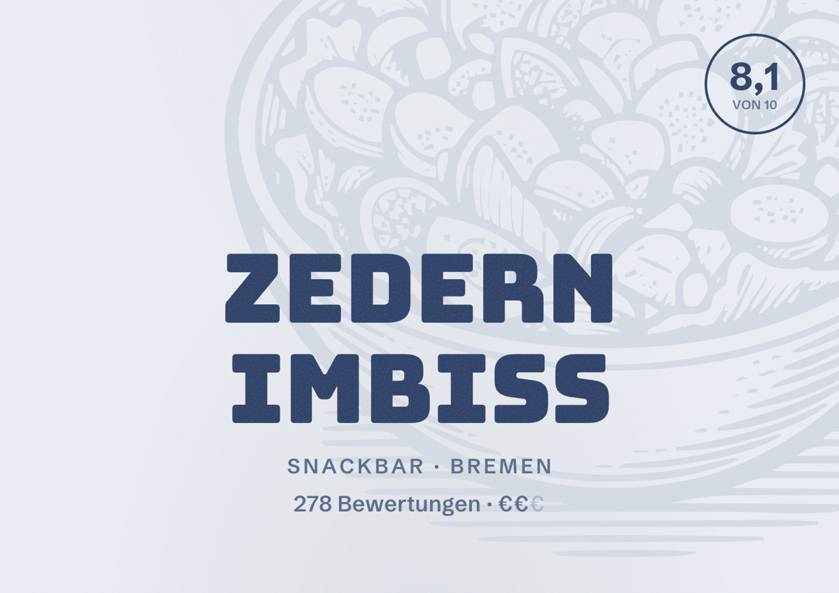 Illustriertes Poster von Zedern Imbiss, Snackbar in Bremen: Bewertung 8,1 von 10 aus 278 Bewertungen, Preisniveau €€