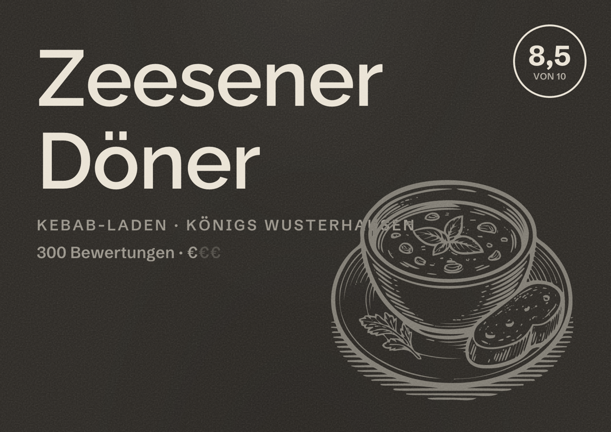 Illustriertes Poster von Zeesener Döner, Kebab-Laden in Königs Wusterhausen: Bewertung 8,5 von 10 aus 300 Bewertungen, Preisniveau €
