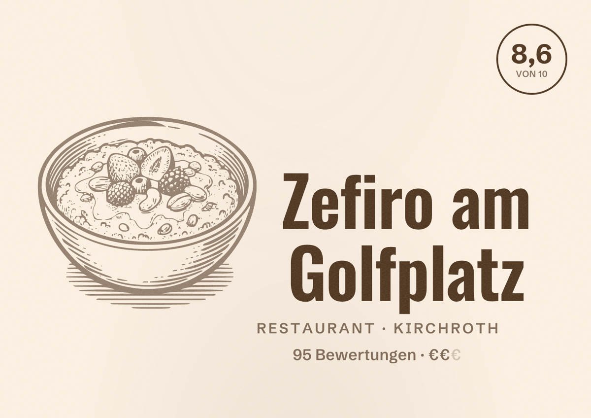 Illustriertes Poster von Zefiro am Golfplatz, Restaurant in Kirchroth: Bewertung 8,6 von 10 aus 95 Bewertungen, Preisniveau €€