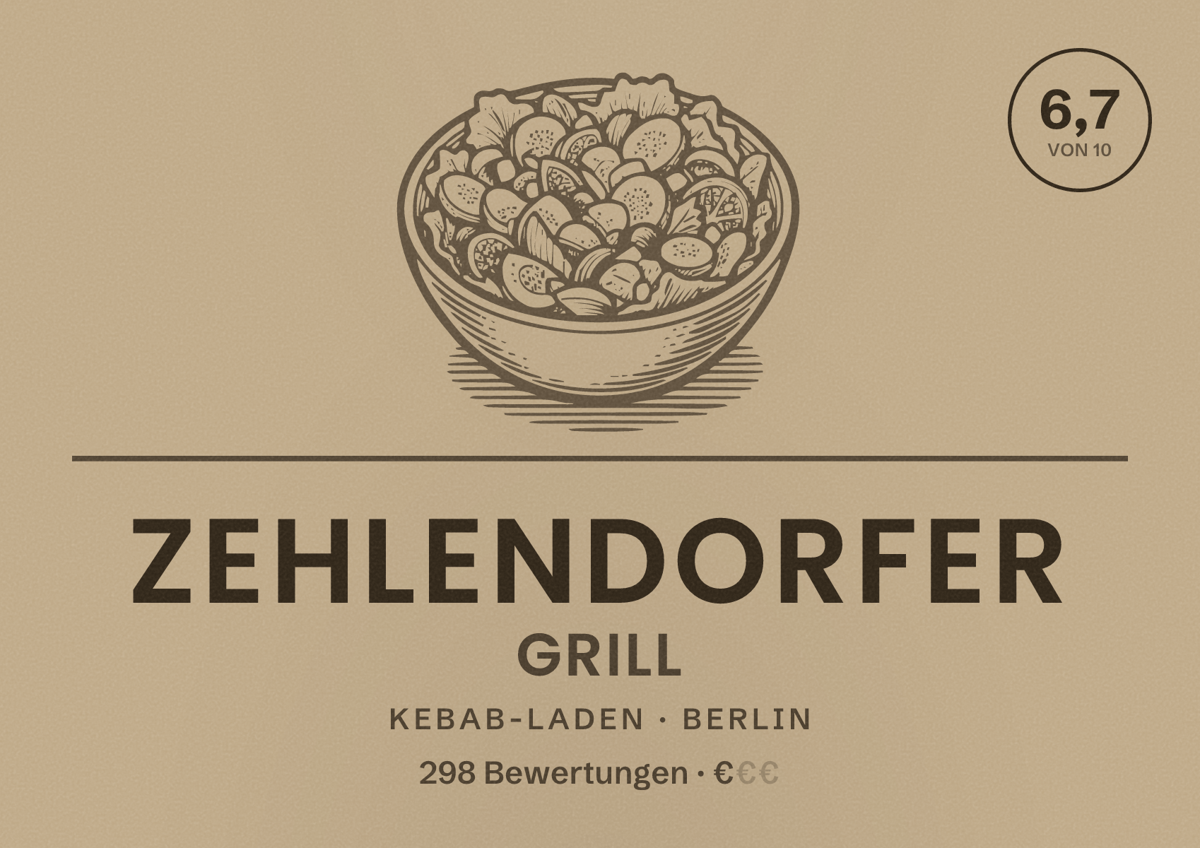 Illustriertes Poster von Zehlendorfer Grill, Kebab-Laden in Berlin: Bewertung 6,7 von 10 aus 298 Bewertungen, Preisniveau €