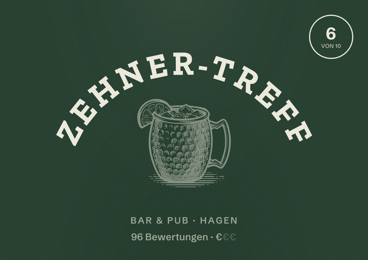 Illustriertes Poster von Zehner-Treff, Bar & Pub in Hagen: Bewertung 6 von 10 aus 96 Bewertungen, Preisniveau €