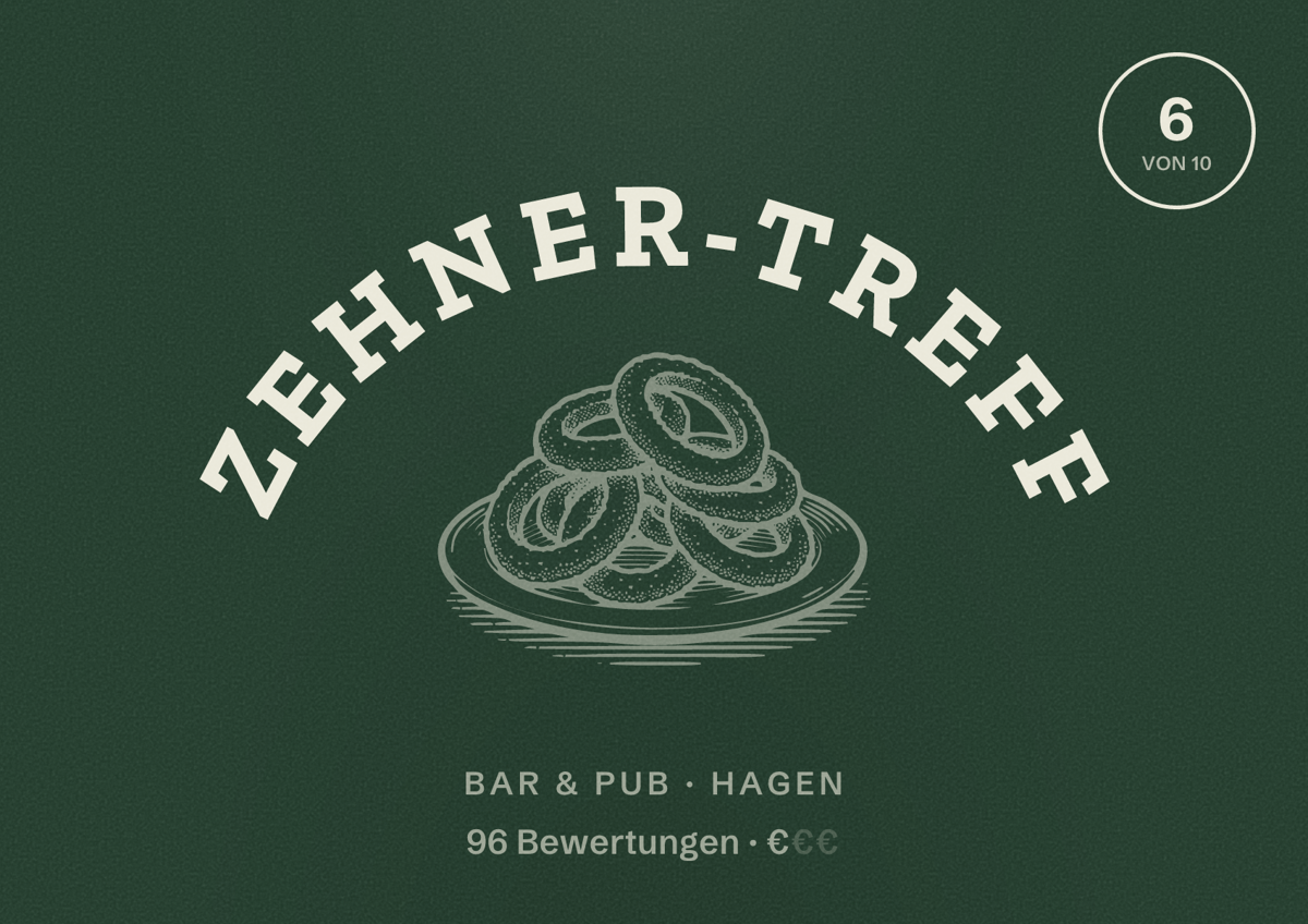Illustriertes Poster von Zehner-Treff, Bar & Pub in Hagen: Bewertung 6 von 10 aus 96 Bewertungen, Preisniveau €