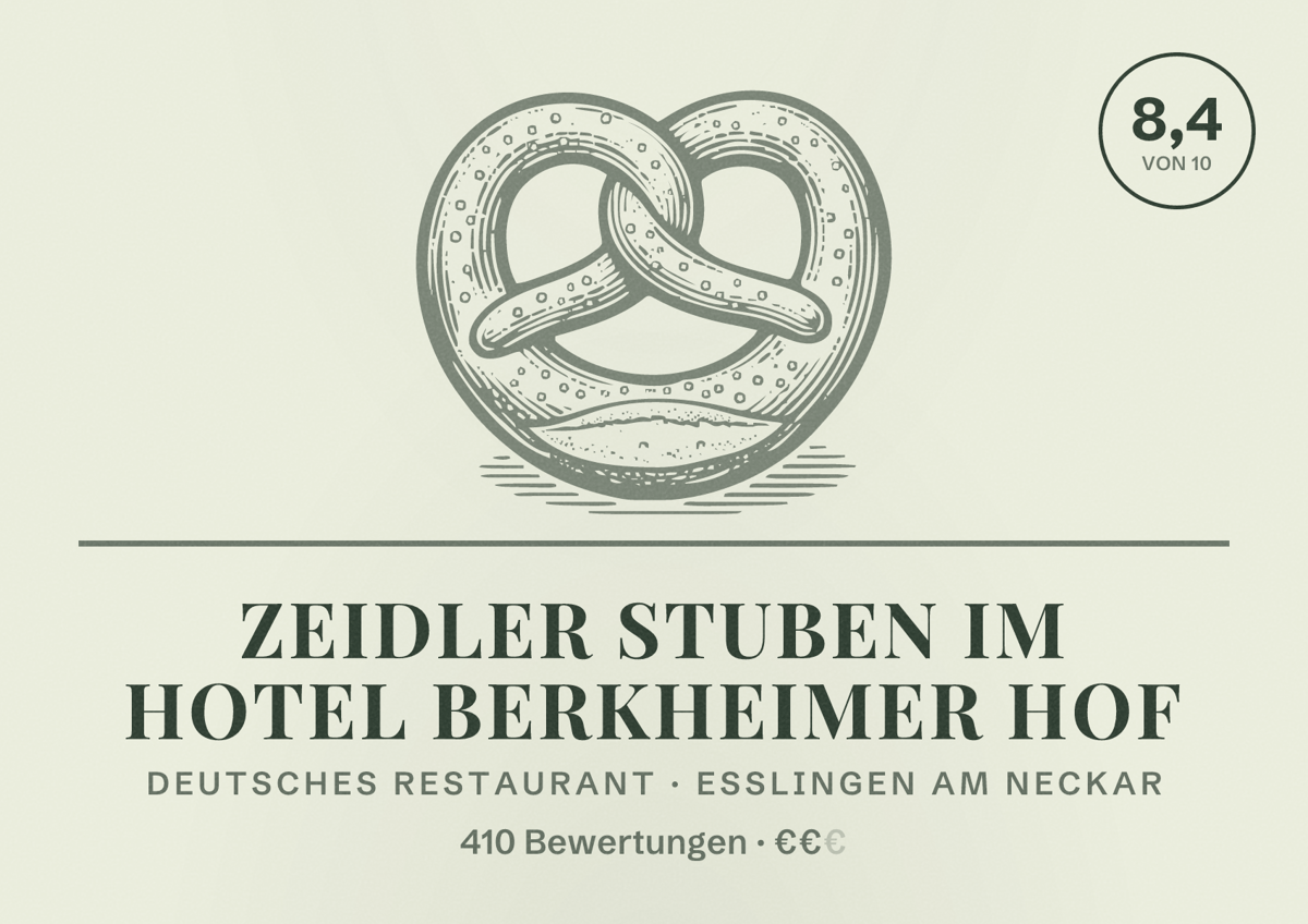Illustriertes Poster von Zeidler Stuben im Hotel Berkheimer Hof, Deutsches Restaurant in Esslingen am Neckar: Gästebewertung 8,4 von 10 aus 410 Bewertungen