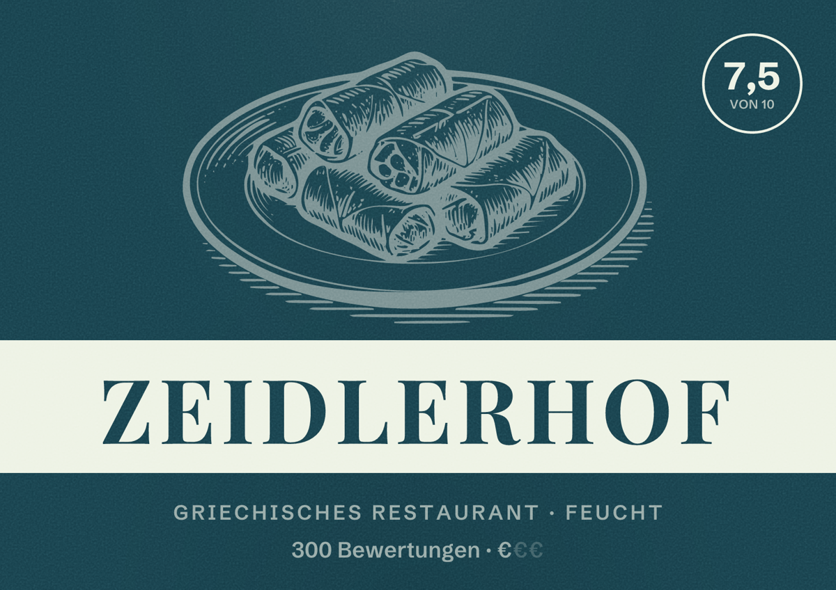 Illustriertes Poster von Zeidlerhof, Griechisches Restaurant in Feucht: Bewertung 7,5 von 10 aus 300 Bewertungen, Preisniveau €