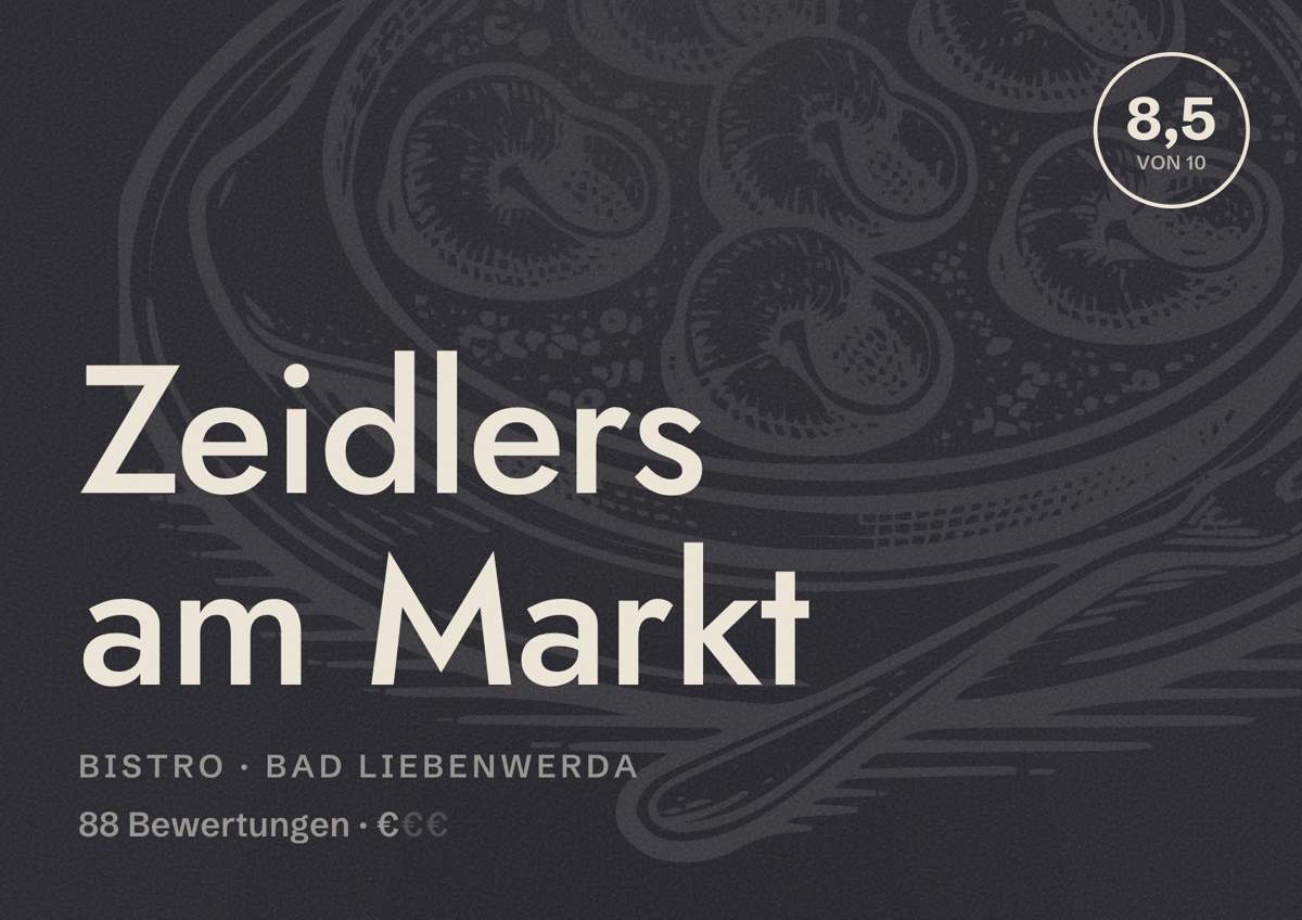Illustriertes Poster von Zeidlers am Markt, Bistro in Bad Liebenwerda: Bewertung 8,5 von 10 aus 88 Bewertungen, Preisniveau €