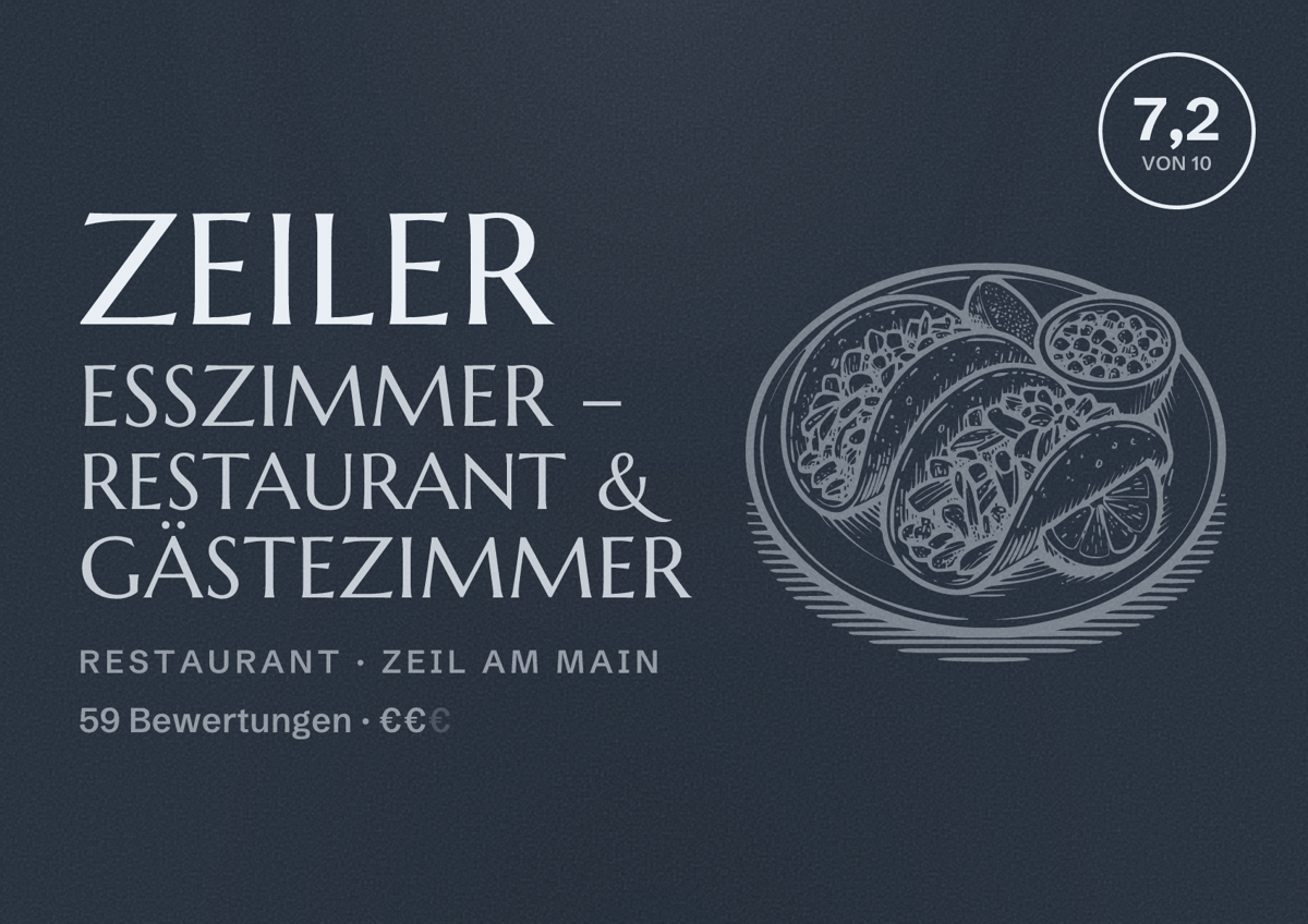 Illustriertes Poster von Zeiler EssZimmer – Restaurant & Gästezimmer, Restaurant in Zeil am Main: Bewertung 7,2 von 10 aus 59 Bewertungen, Preisniveau €€