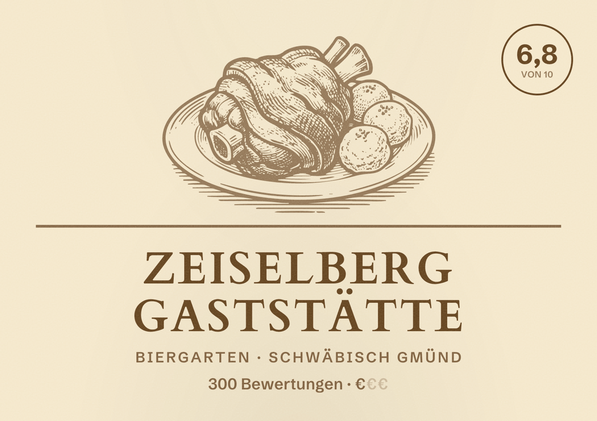Illustriertes Poster von Zeiselberg Gaststätte, Biergarten in Schwäbisch Gmünd: Bewertung 6,8 von 10 aus 300 Bewertungen, Preisniveau €