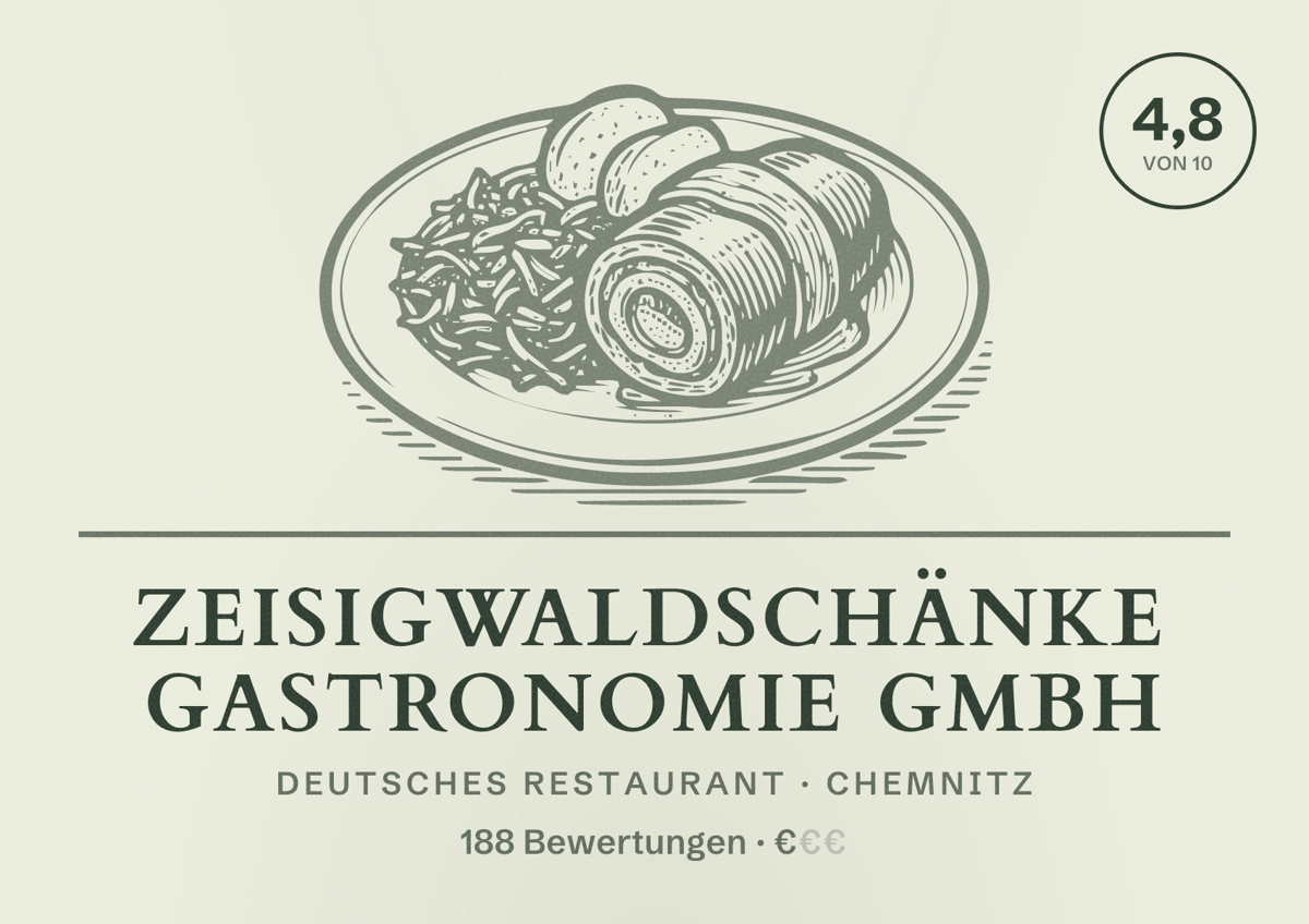 Illustriertes Poster von Zeisigwaldschänke Gastronomie GmbH, Deutsches Restaurant in Chemnitz: Bewertung 4,8 von 10 aus 188 Bewertungen, Preisniveau €