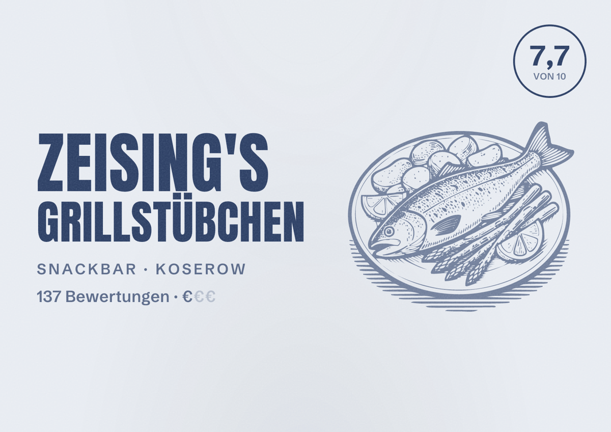 Illustriertes Poster von Zeising's Grillstübchen, Snackbar in Koserow: Bewertung 7,7 von 10 aus 137 Bewertungen, Preisniveau €