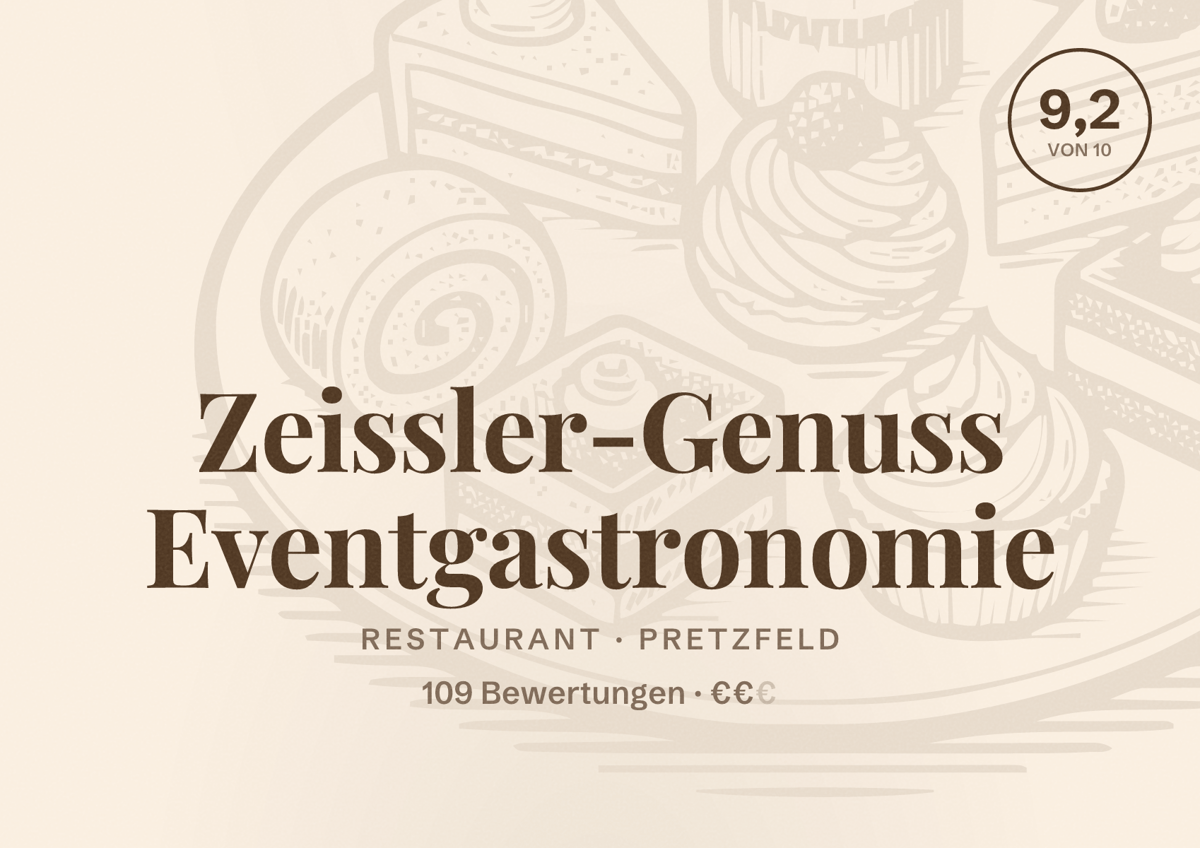 Illustriertes Poster von Zeissler-Genuss Eventgastronomie, Restaurant in Pretzfeld: Bewertung 9,2 von 10 aus 109 Bewertungen, Preisniveau €€