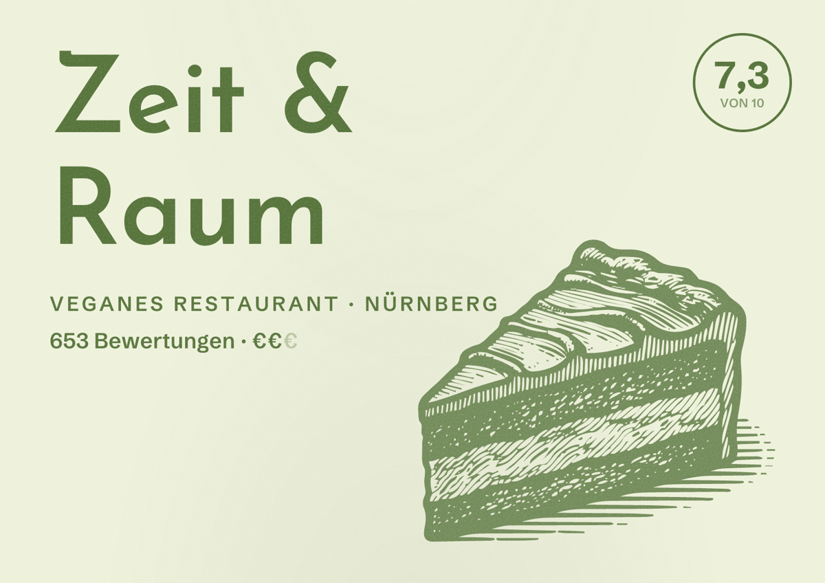 Illustriertes Poster von Zeit & Raum, Veganes Restaurant in Nürnberg: Bewertung 7,3 von 10 aus 653 Bewertungen, Preisniveau €€