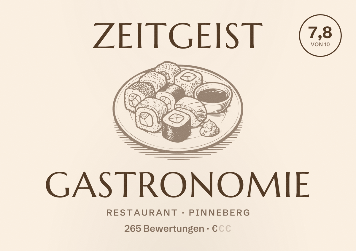 Illustriertes Poster von Zeitgeist Gastronomie, Restaurant in Pinneberg: Bewertung 7,8 von 10 aus 265 Bewertungen, Preisniveau €