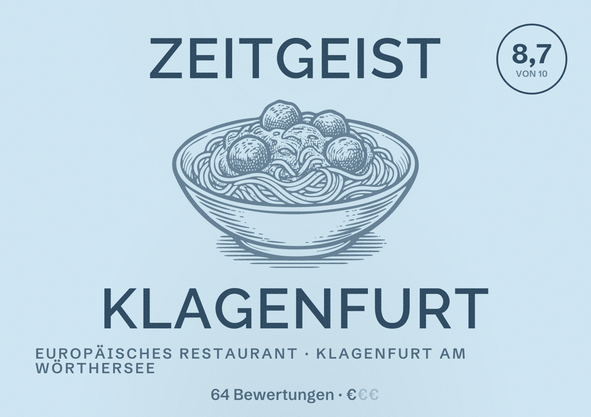 Illustriertes Poster von Zeitgeist Klagenfurt, Europäisches Restaurant in Klagenfurt am Wörthersee: Bewertung 8,7 von 10 aus 64 Bewertungen, Preisniveau €