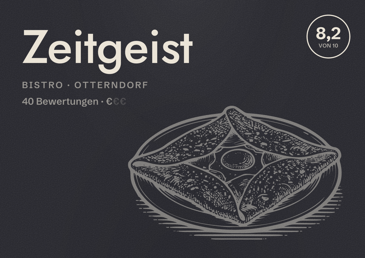 Illustriertes Poster von Zeitgeist, Bistro in Otterndorf: Bewertung 8,2 von 10 aus 40 Bewertungen, Preisniveau €