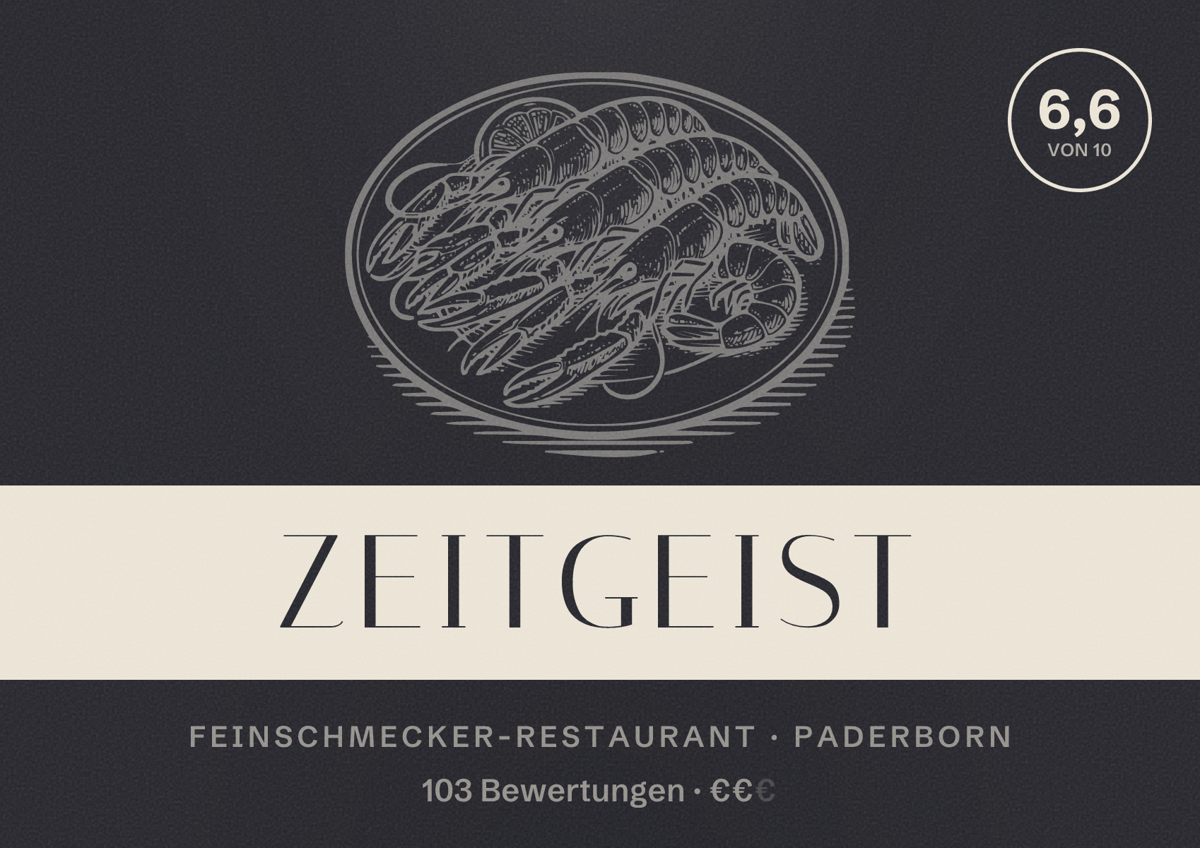 Illustriertes Poster von Zeitgeist, Feinschmecker-Restaurant in Paderborn: Bewertung 6,6 von 10 aus 103 Bewertungen, Preisniveau €€