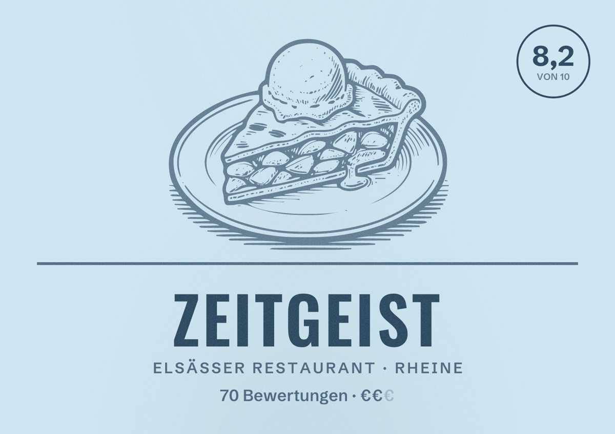 Illustriertes Poster von Zeitgeist, Elsässer Restaurant in Rheine: Bewertung 8,2 von 10 aus 70 Bewertungen, Preisniveau €€