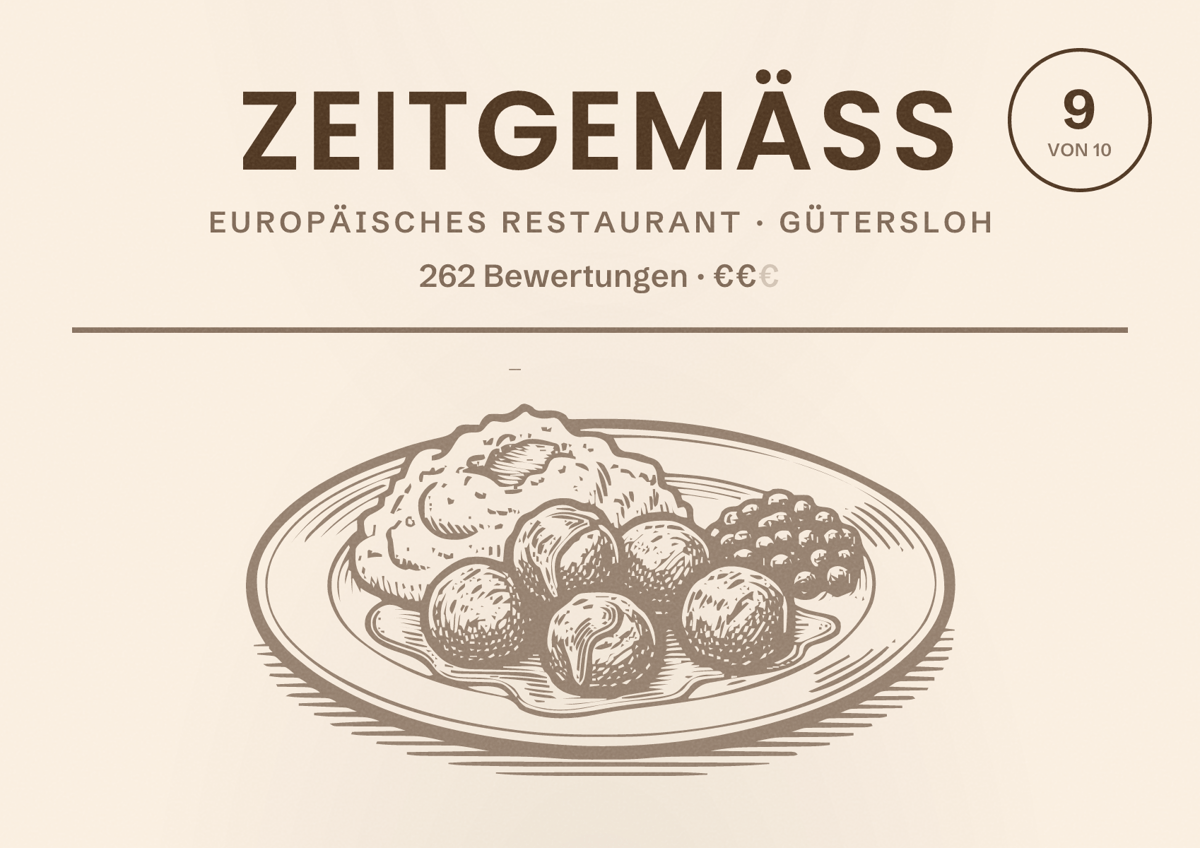 Illustriertes Poster von Zeitgemäß, Europäisches Restaurant in Gütersloh: Bewertung 9 von 10 aus 262 Bewertungen, Preisniveau €€