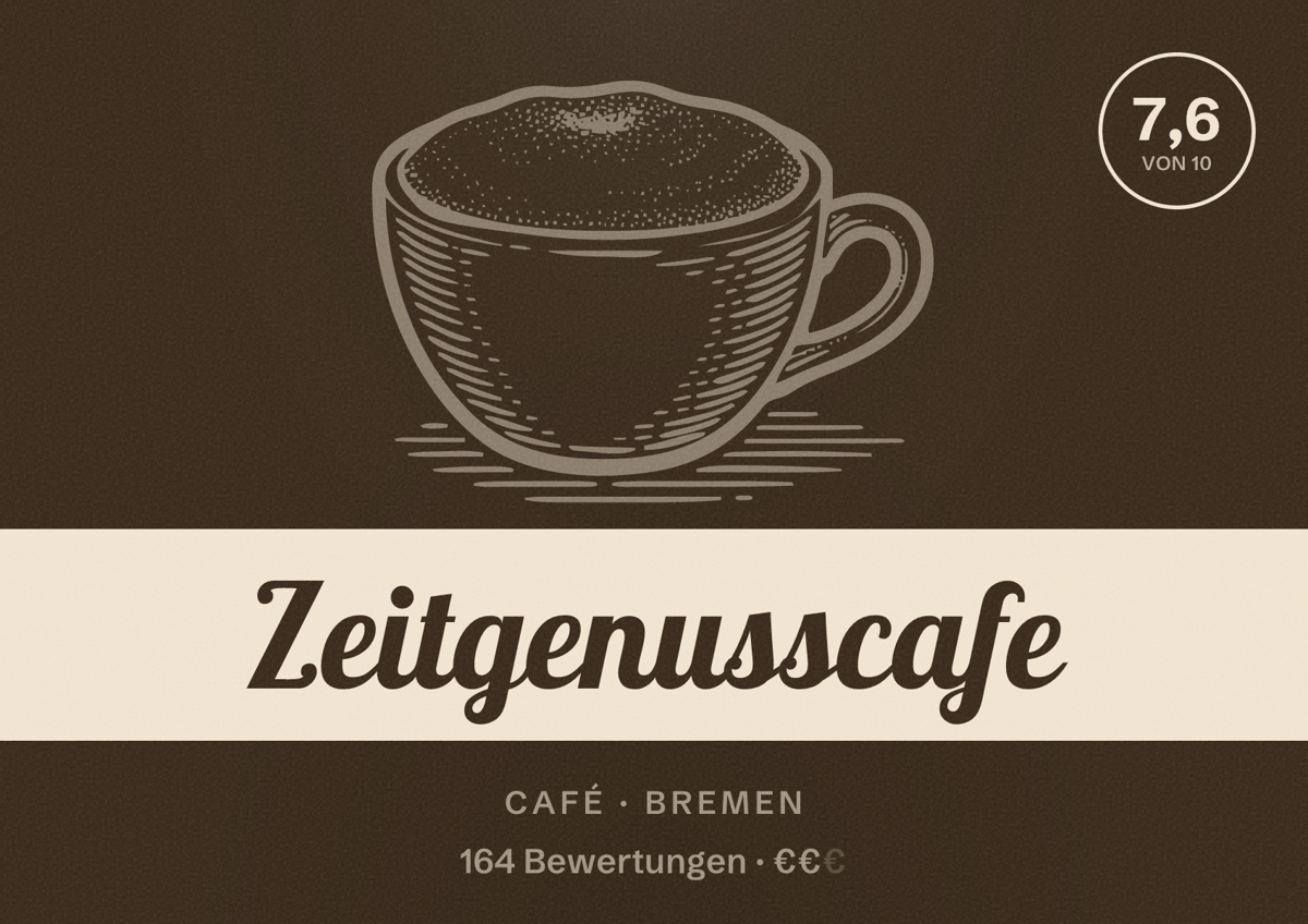 Illustriertes Poster von Zeitgenusscafe, Café in Bremen: Bewertung 7,6 von 10 aus 164 Bewertungen, Preisniveau €€