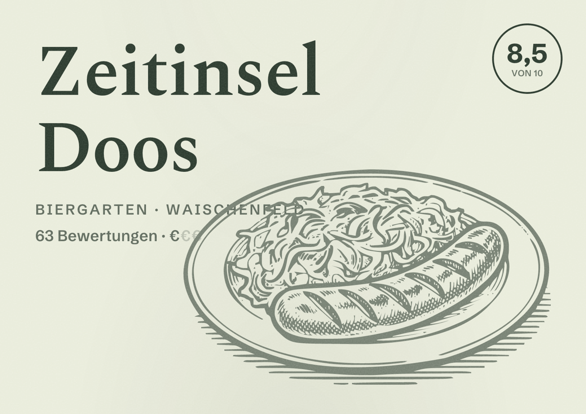 Illustriertes Poster von Zeitinsel Doos, Biergarten in Waischenfeld: Bewertung 8,5 von 10 aus 63 Bewertungen, Preisniveau €