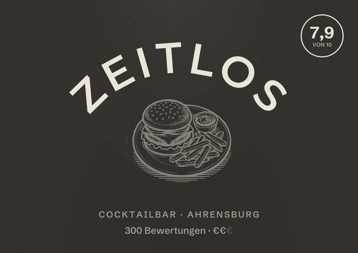 Illustriertes Poster von Zeitlos, Cocktailbar in Ahrensburg: Bewertung 7,9 von 10 aus 300 Bewertungen, Preisniveau €€