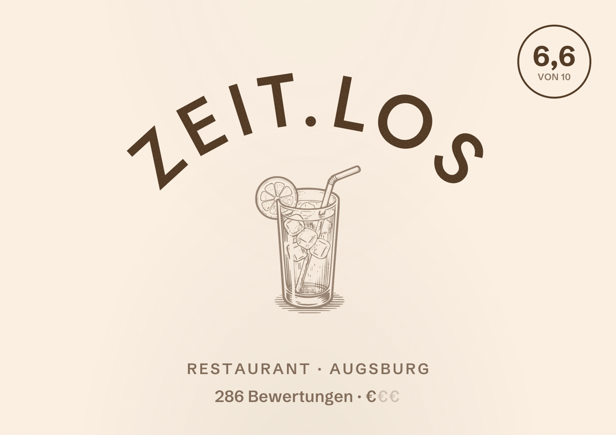 Illustriertes Poster von zeit.los, Restaurant in Augsburg: Bewertung 6,6 von 10 aus 286 Bewertungen, Preisniveau €