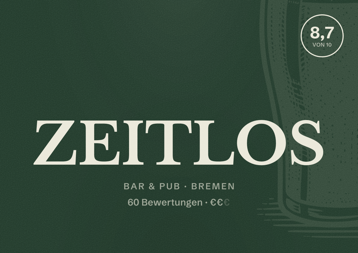Illustriertes Poster von ZEITLOS, Bar & Pub in Bremen: Gästebewertung 8,7 von 10 aus 60 Bewertungen