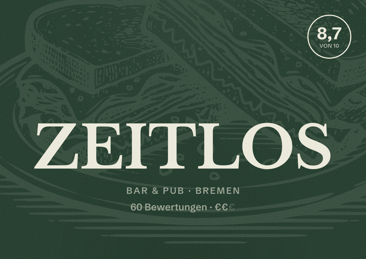 Illustriertes Poster von ZEITLOS, Bar & Pub in Bremen: Bewertung 8,7 von 10 aus 60 Bewertungen, Preisniveau €€