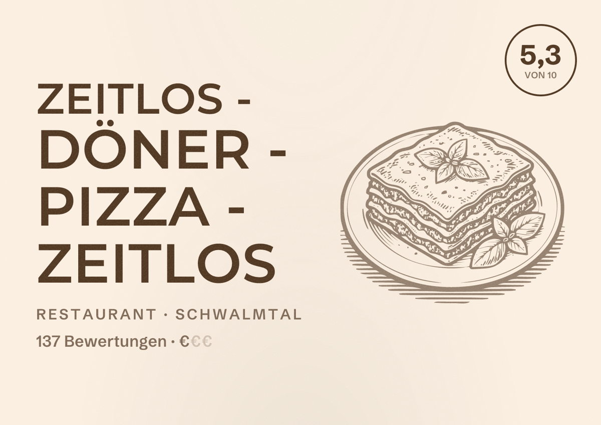 Illustriertes Poster von Zeitlos - Döner - Pizza - Zeitlos, Restaurant in Schwalmtal: Bewertung 5,3 von 10 aus 137 Bewertungen, Preisniveau €