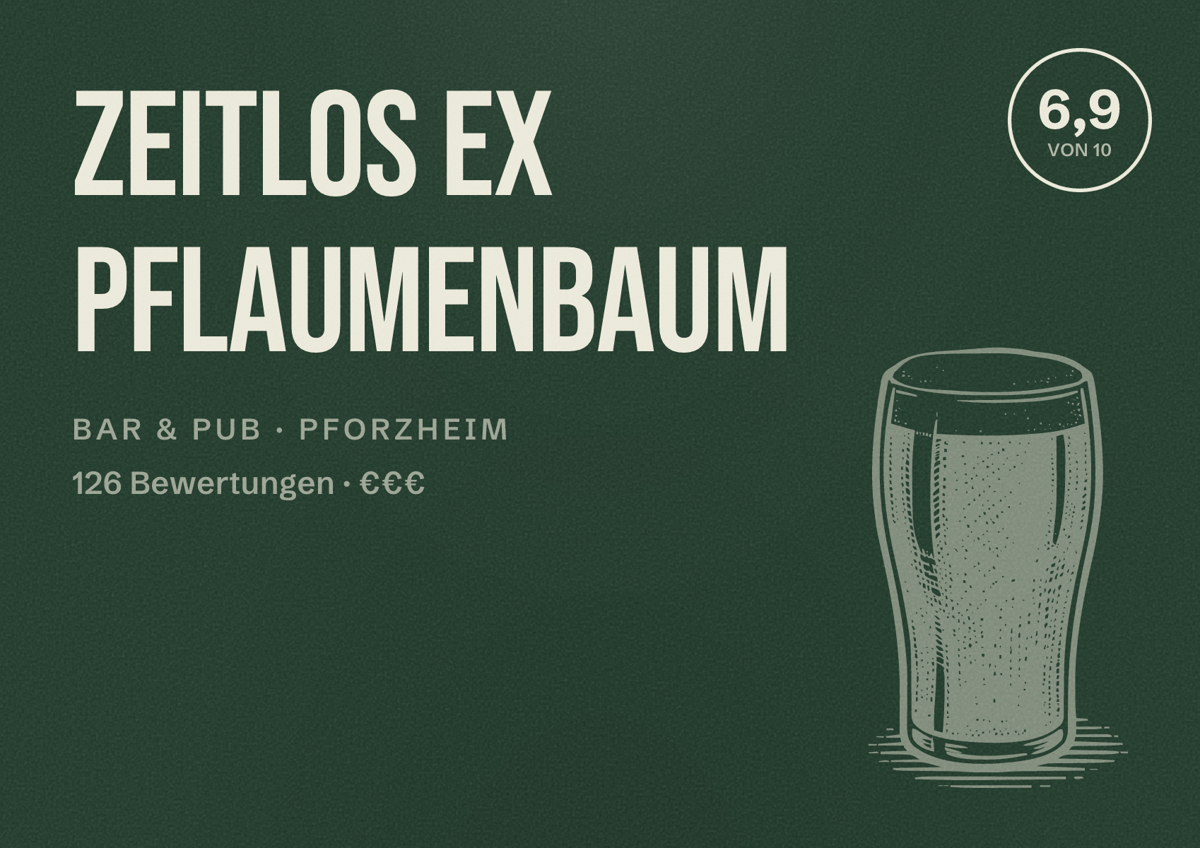 Illustriertes Poster von Zeitlos ex Pflaumenbaum, Bar & Pub in Pforzheim: Bewertung 6,9 von 10 aus 126 Bewertungen, Preisniveau €€€