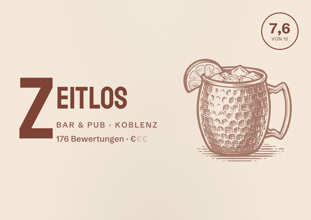 Illustriertes Poster von Zeitlos, Bar & Pub in Koblenz: Bewertung 7,6 von 10 aus 176 Bewertungen, Preisniveau €