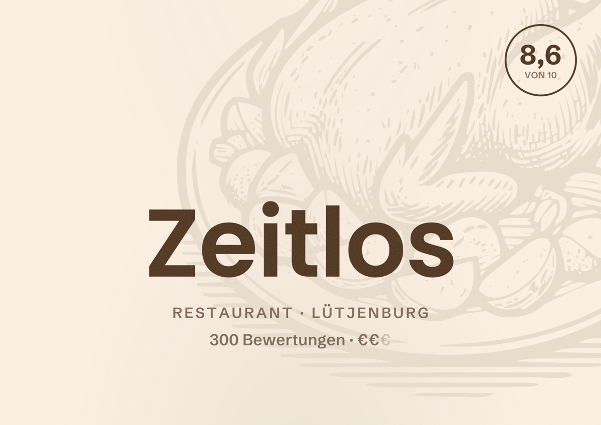 Illustriertes Poster von Zeitlos, Restaurant in Lütjenburg: Bewertung 8,6 von 10 aus 300 Bewertungen, Preisniveau €€